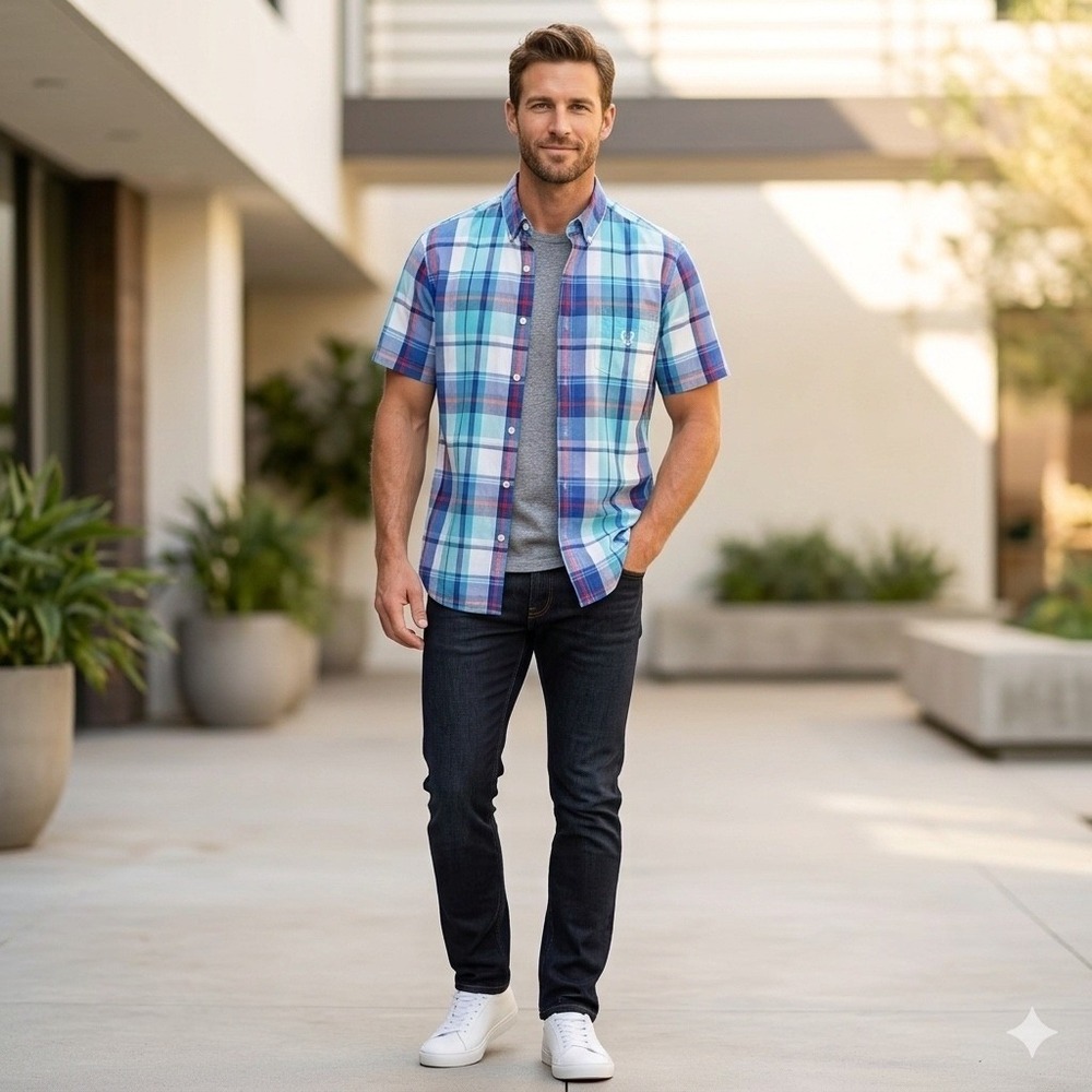 Chaps Mens Size Medium Easy Care Short Sleeve Button Down Plaid Shirt Blue Teal
